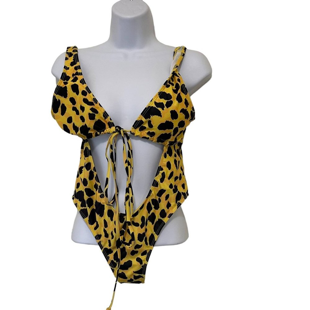 Womens Cut Out Wrap Around One-piece Swimsuit Yellow‎ Black Leopard Size Medium